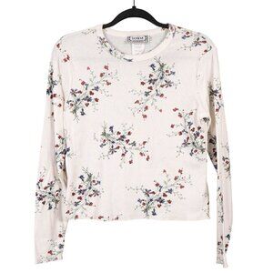 Bonjour Floral Shirt L Womens 90s VTG Long Sleeve White Blue Red Ribbed Stretch